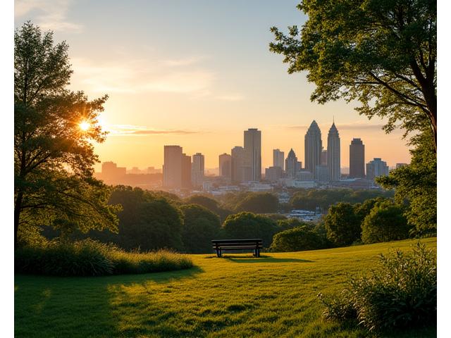 Panoramic view of the Atlanta skyline at golden hour, with lush greenery in the foreground, symbolizing local connection and growth.