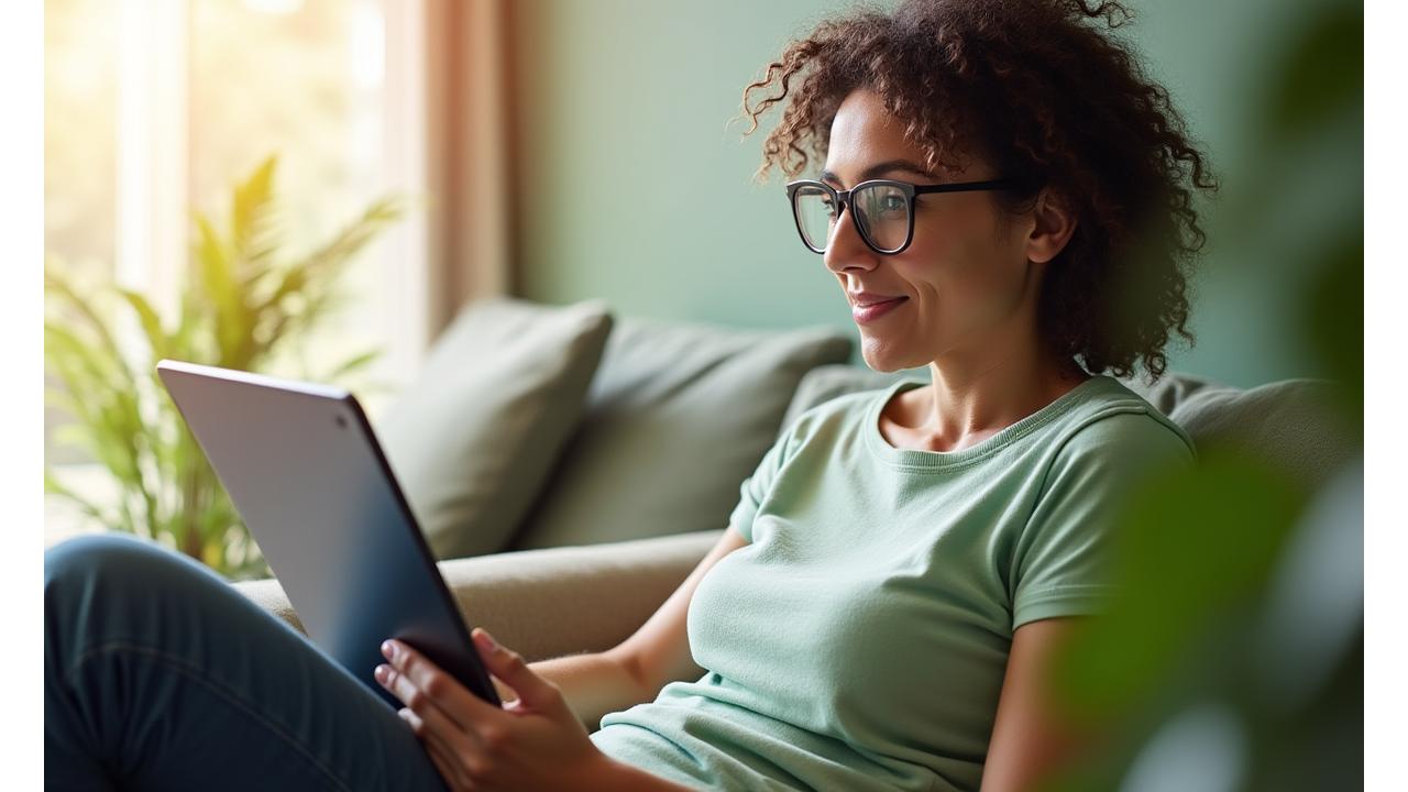 A person comfortably reading a tablet in a sunlit, modern living room, representing daily wellness insights.
