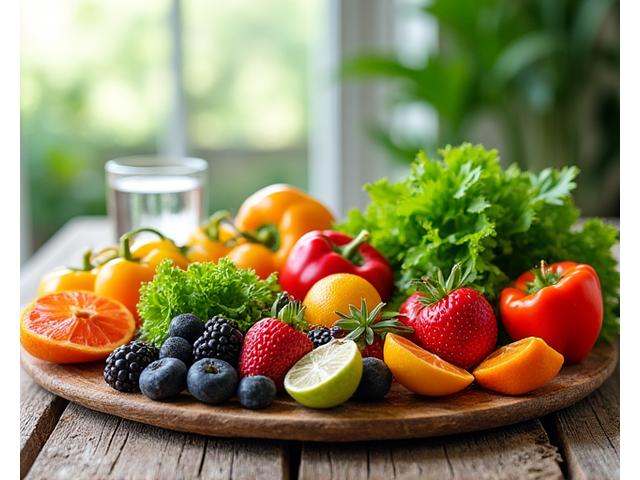 Fresh vibrant fruits and vegetables artfully arranged, representing nutrition guidance.