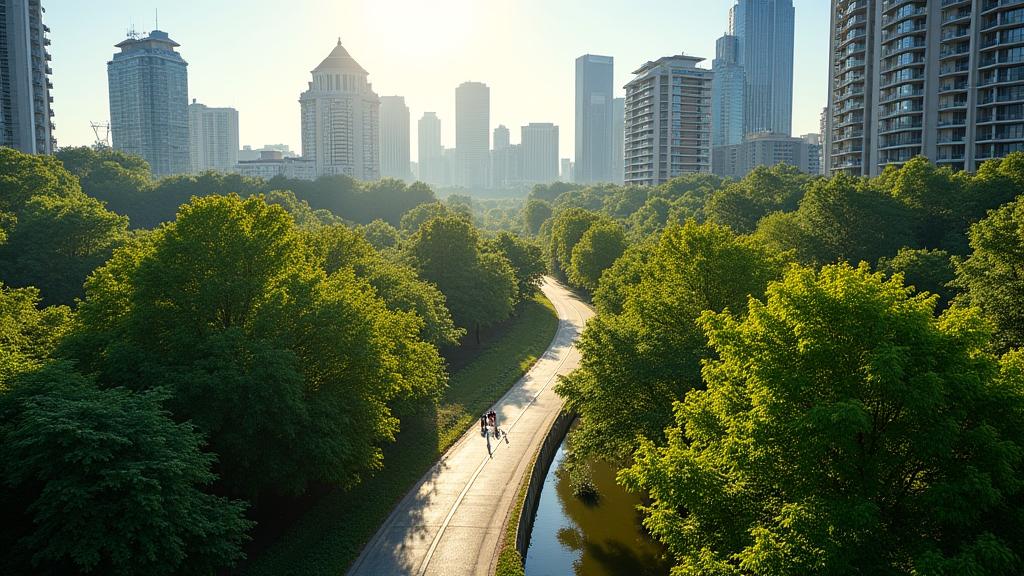 An aerial view of Atlanta's lush urban landscape, with the BeltLine visible, suggesting outdoor activities and local community connection, incorporating the city's unique charm.