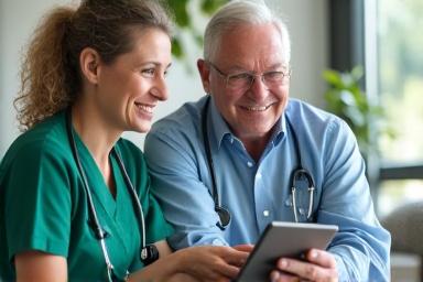 Healthcare professional consulting with an older patient using a tablet, showing empathy and clear communication